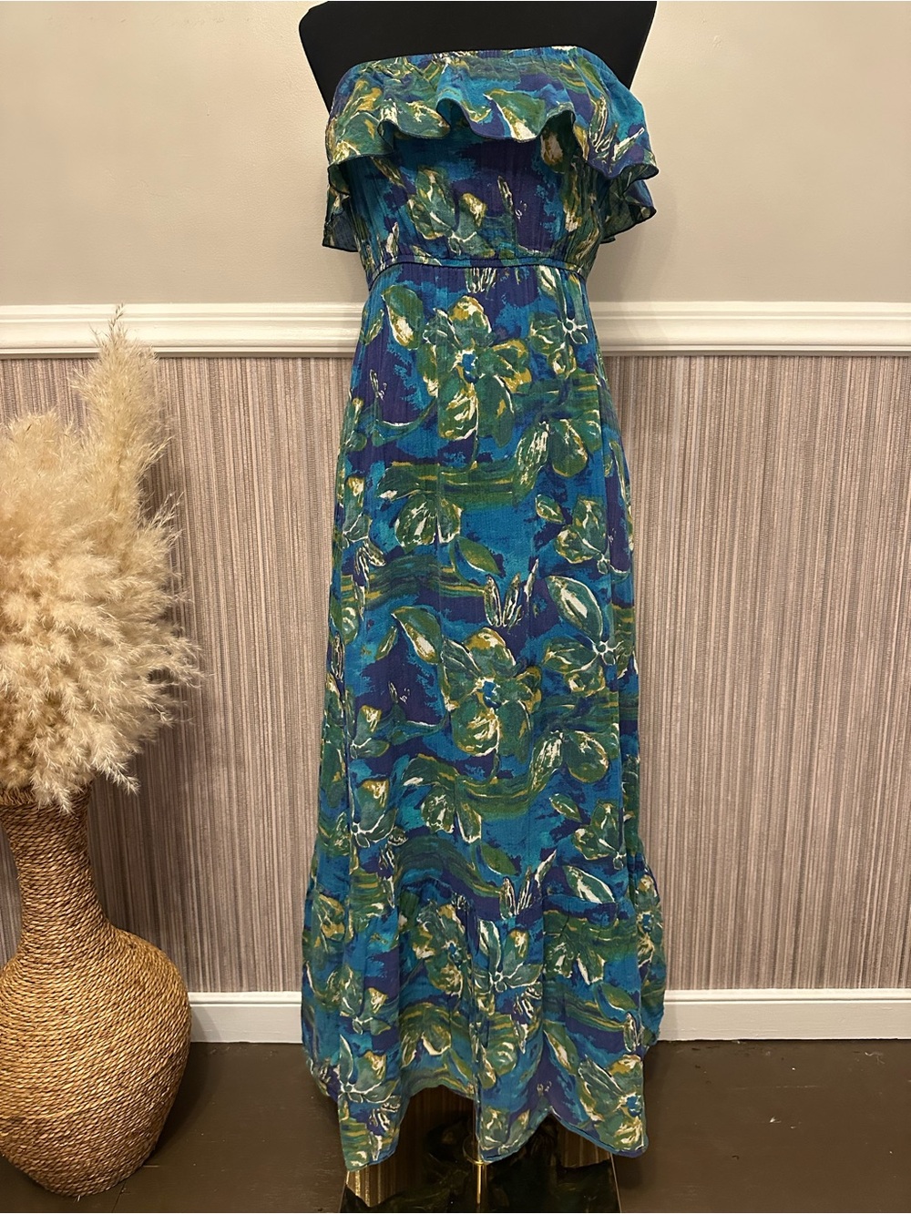 Forever 21 Strapless Tropical Maxi Dress Blue Green Ruffle Medium